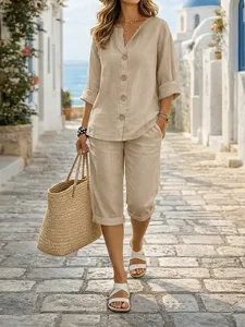 damen-passende-sets-baumwoll-leinen-hemd-khaki-3