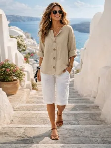 damen-passende-sets-baumwoll-leinen-hemd-khaki-5