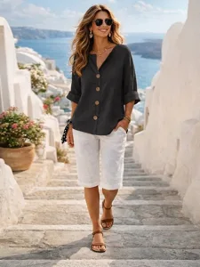 damen-passende-sets-baumwoll-leinen-hemd-schwarz-3
