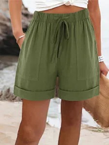 damen-shorts-aus-baumwollleinen-hose-aus-armeegrun-9