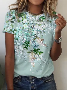 damen-t-shirt-basic-blumendruck-kurzarm-grun-3
