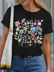 damen-t-shirt-druck-blumen-basic-lassig-schwarz-7
