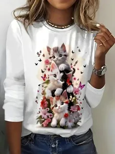 damen-t-shirt-druck-blumen-grafik-katze-wei-1