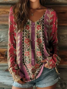 damen-t-shirt-druck-blumen-grafik-vintag-purpur-1