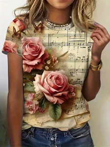 damen-t-shirt-druck-blumen-lassig-kurzar-gelb-1