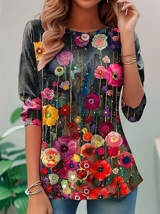 damen-t-shirt-druck-blumen-lassig-kurzar-schwarz-17