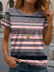 damen-t-shirt-druck-gestreift-lassig-kur-rosa-1