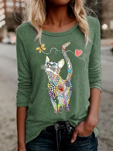 damen-t-shirt-langarm-floral-grafik-katz-grun-1