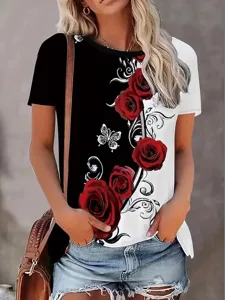 damen-t-shirt-lassig-blumendruck-kurzarm-schwarz-und-weiss-1