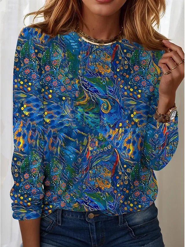 damen-t-shirt-lassig-druck-regulare-tops-blau-1