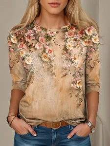 damen-t-shirt-lassiger-print-regelmaige-gelb-1