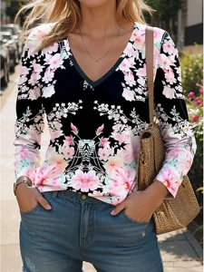 damen-t-shirt-v-ausschnitt-langarm-tunik-schwarz-7