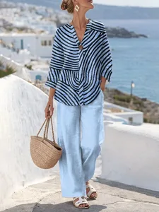 damen-zweiteilige-sets-leinenartige-hose-blau-2