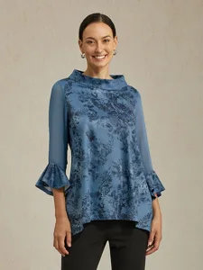 damenbluse-grau-blau-geblumt-stehkragen-blau-1