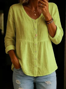 frauen-baumwolle-leinen-hemd-gepuffte-kn-gelb-5