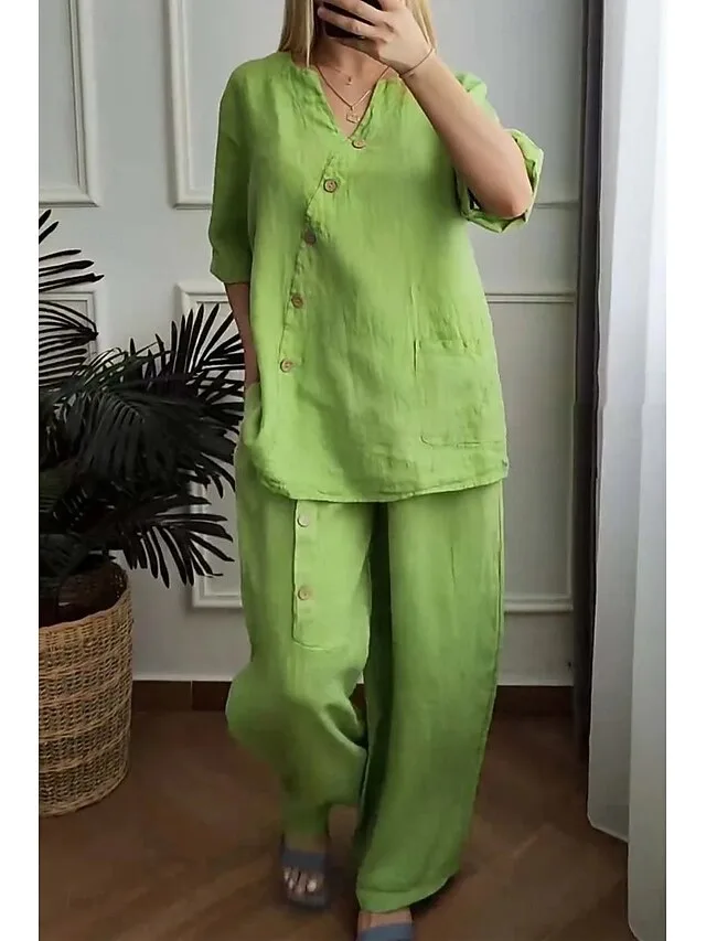 women-s-cotton-linen-sets-pants-sets-3-4-green-6