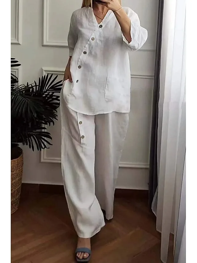 women-s-cotton-linen-sets-pants-sets-3-4-white-9
