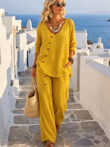 women-s-cotton-linen-sets-pants-sets-3-4-yellow-7