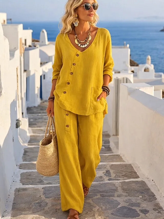 women-s-cotton-linen-sets-pants-sets-3-4-yellow-7
