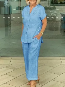 women-s-cotton-linen-sets-short-sleeve-v-blue-6