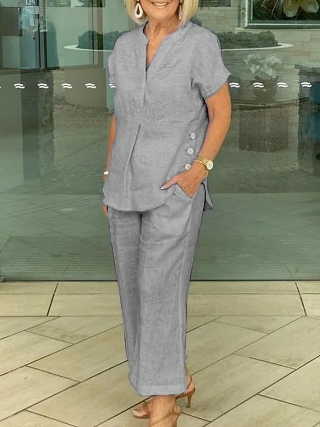 women-s-cotton-linen-sets-short-sleeve-v-gray-4