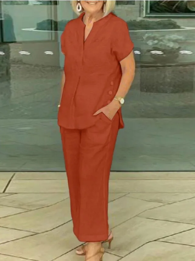 women-s-cotton-linen-sets-short-sleeve-v-orange-2