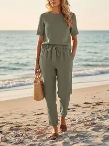 women-s-cotton-linen-sets-two-piece-sets-army-green-6