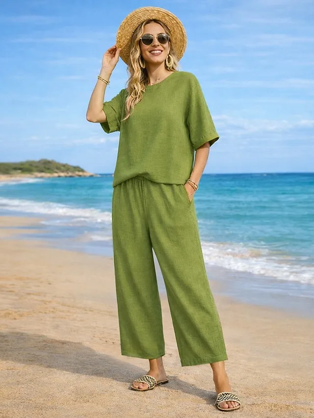 women-s-cotton-linen-sets-two-piece-sets-green-3