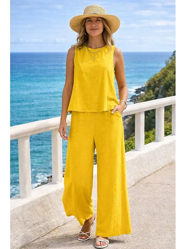women-s-cotton-linen-sets-two-piece-sets-yellow-1