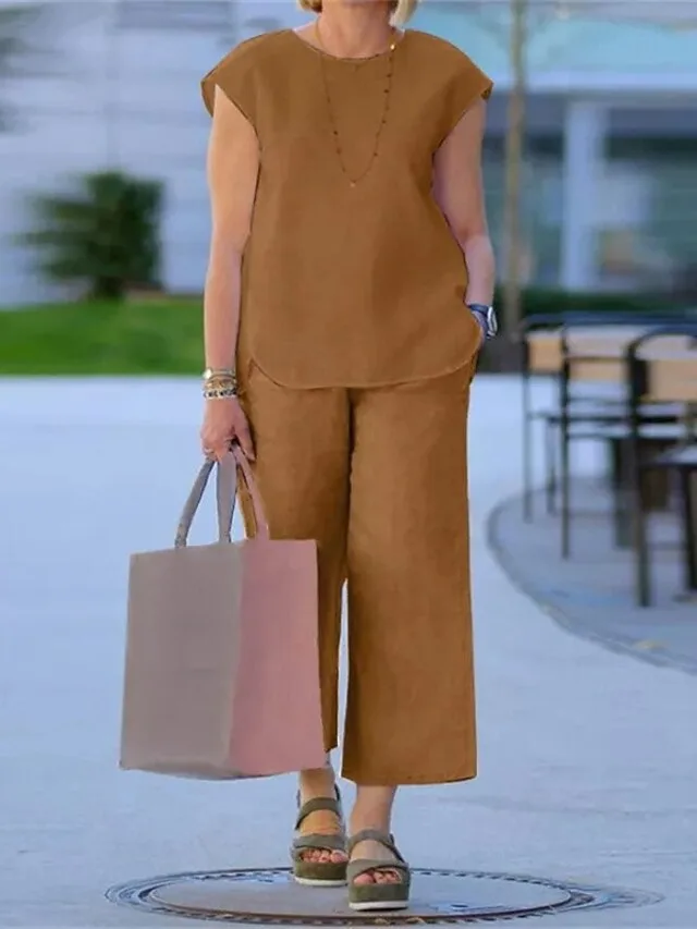 women-s-cotton-linen-sets-two-piece-sets-yellow-3