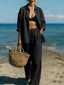 women-s-two-piece-sets-cotton-shirt-pant-black-3
