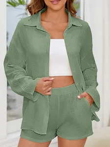 women-s-two-piece-sets-cotton-shirt-shor-army-green-11