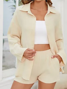 women-s-two-piece-sets-cotton-shirt-shor-khaki-1