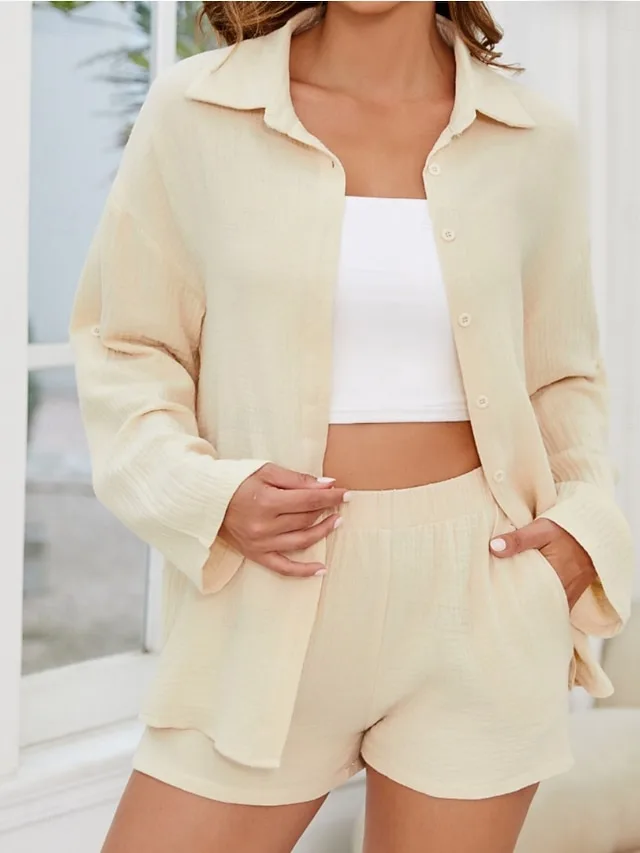 women-s-two-piece-sets-cotton-shirt-shor-khaki-1