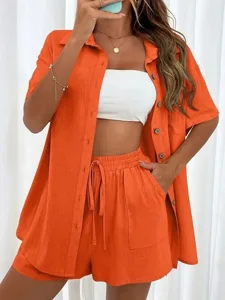 women-s-two-piece-sets-cotton-shirt-shor-orange-1