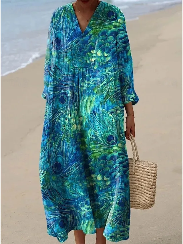 womens-midi-kleid-v-ausschnitt-lange-arm-blau-1