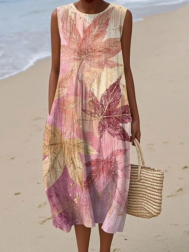damen-midi-kleid-leinenahnliches-strandk-rosa-1