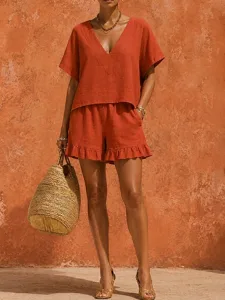 damen-baumwoll-leinen-sets-halbarm-v-aus-orange-5