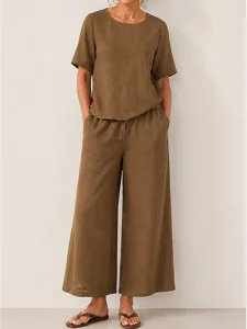damen-baumwoll-leinen-sets-kurzarm-rundh-khaki-1