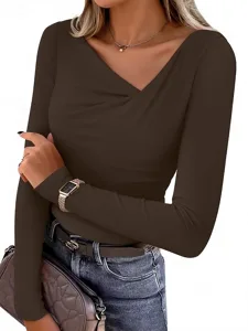 damen-bluse-gerafft-einfach-lassig-15400553-braun-4