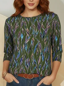 damen-t-shirt-druck-blumen-grafik-stilvo-armeegrun-3